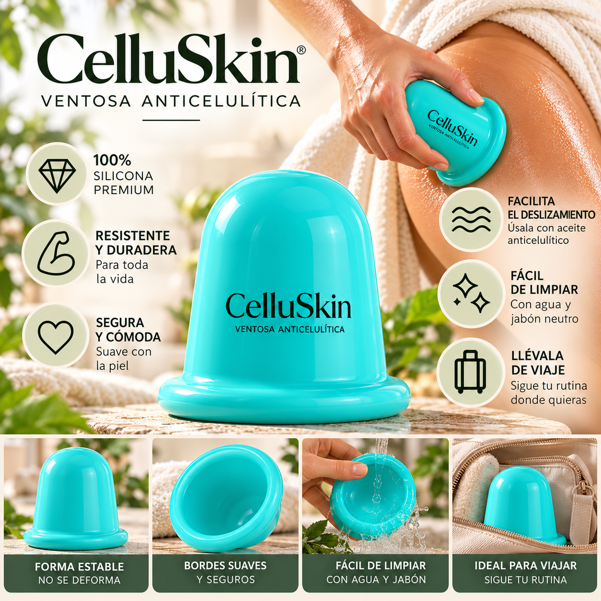 Aceite anticelulitico de masaje + ventosa