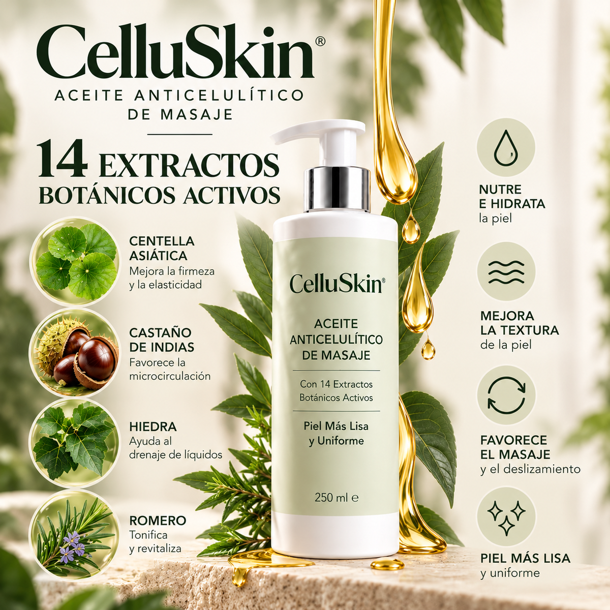Aceite anticelulitico de masaje + ventosa