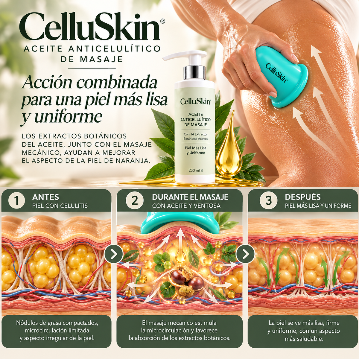 Aceite anticelulitico de masaje + ventosa