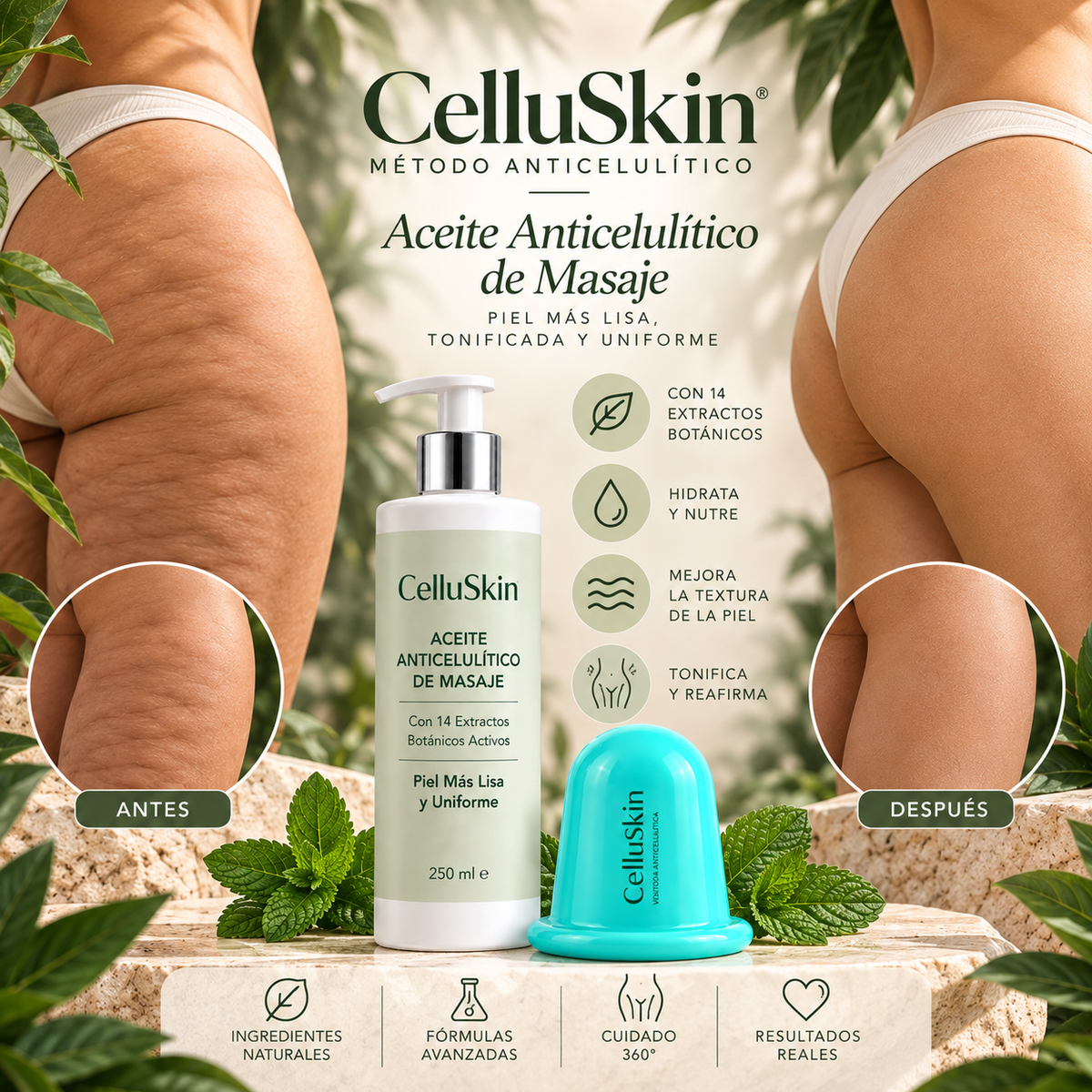 Aceite anticelulitico de masaje + ventosa